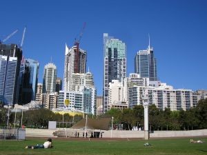 Sydney Skyline With Gutter Cleaners On Building